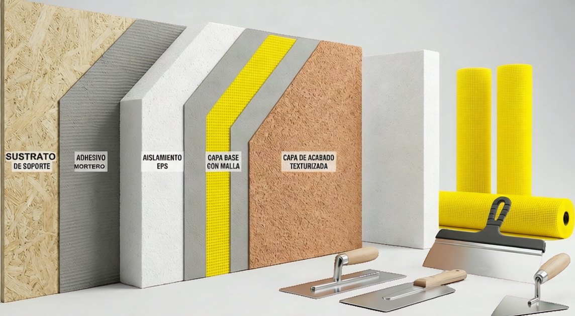 Corte del Sistema EIFS: sustrato de soporte, adhesivo/mortero, aislamiento EPS, capa base con malla y capa de acabado texturizada, con herramientas y malla